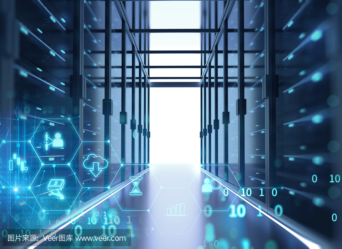 數據中心有服務器機架的服務器室走廊。三維演示