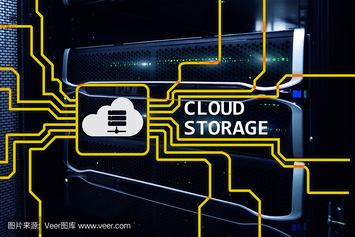 云數據存儲的概念在服務器室的背景。