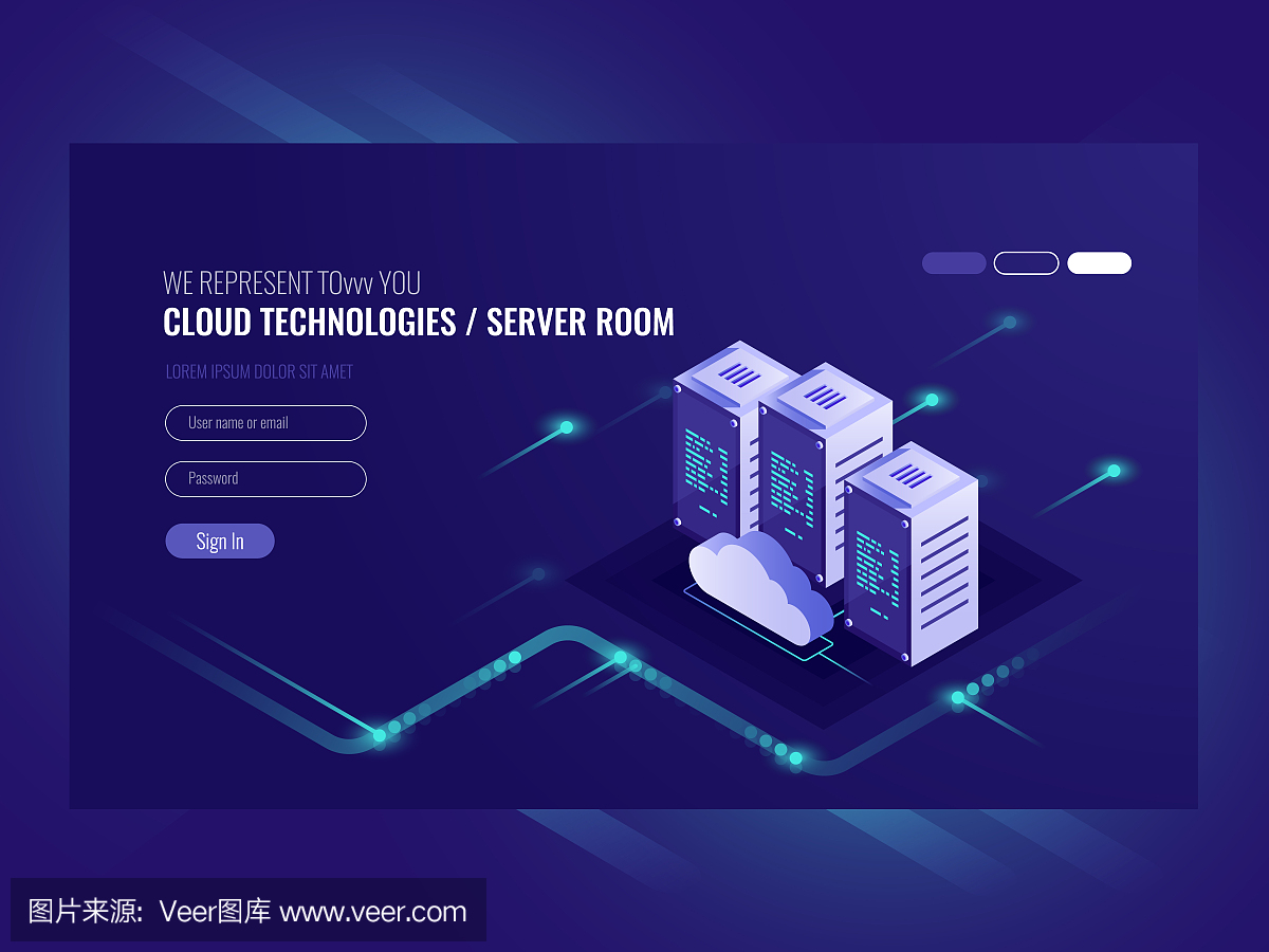 云數(shù)據(jù)中心、服務(wù)器室圖標(biāo)、信息請求處理、計算機技術(shù)、等距矢量紫外
